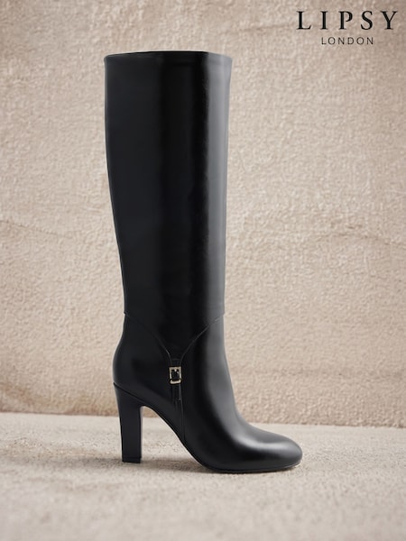 Black - Lipsy Faux Leather Knee High Heeled Buckle Trim Boots