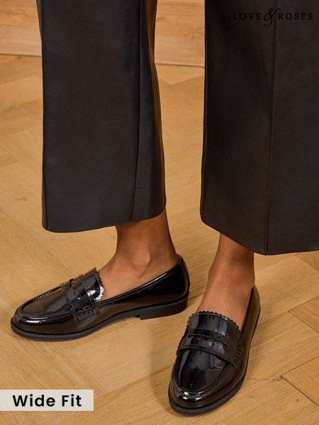 Black - Love & Roses Wide Fit Patent Faux Shiny Leather Scallop Slip-on Loafers