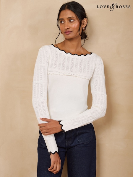 Ivory - Love & Roses Scalloped Slash Neck Long Sleeve Knitted Top