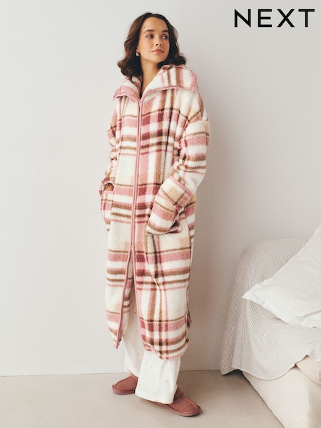 Pink Check - Full Zip Teddy Robe