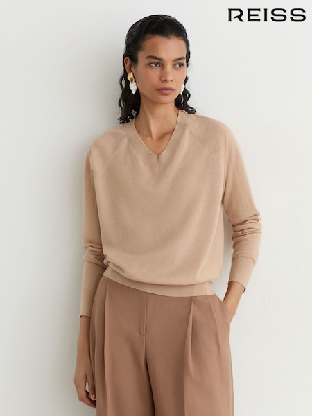 Camel - Reiss Paris Merino Wool V-neck Jumper