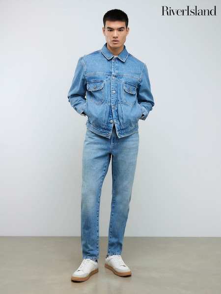 Blue - Regular River Island Tapered Fit Mid Wash Jeans