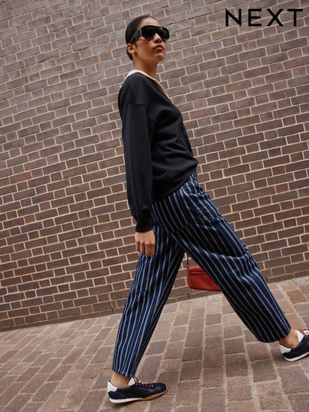 Indigo Blue/ White Striped - Double Pocket Barrel Jeans