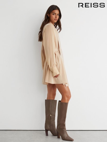 Taupe - Reiss Anya Leather Block-heel Knee-high Boots