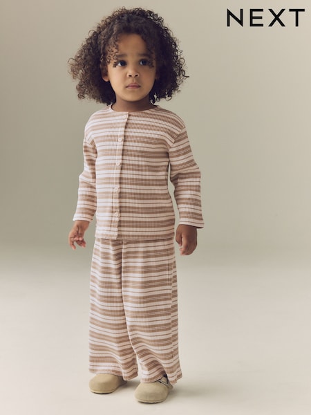 Neutral/Cream Stripe - Ribbed Raglan Cardigan And Wide Leg Trousers Set (3mths-7yrs)