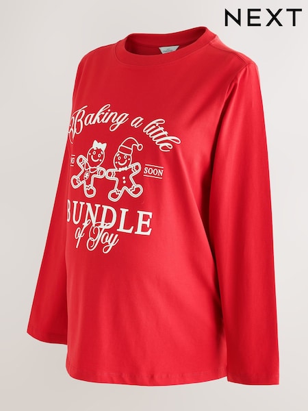 Red - Maternity Long Sleeved Christmas Gingerbread Graphic T-shirt