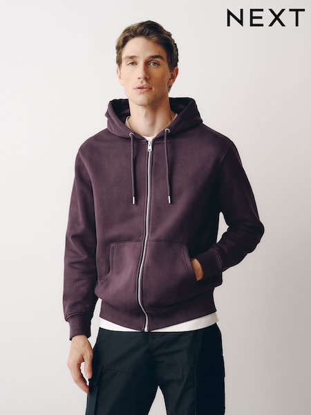 Burgundy Red - Hooded Cotton Rich Heavyweight Jersey Full Zip Hoodie