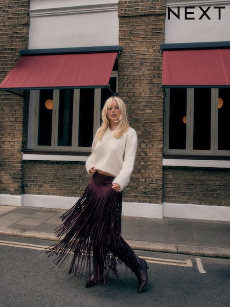 Burgundy Red - Suedette Fringe Midi Skirt