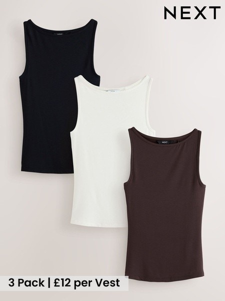 Black/Cream/Brown - Modal Rich Boat Neck Vests 3 Pack