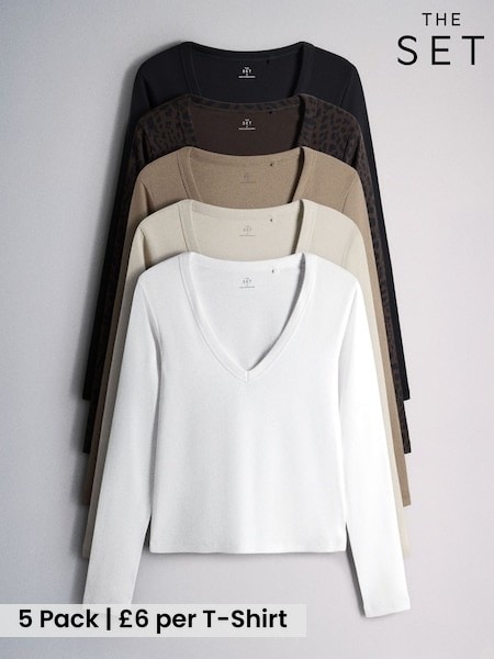 Brown/Black/Leopard Animal/Neutral/White - The Set 5 Pack V-neck Ribbed Long Sleeve T-shirts