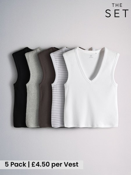 Multi - The Set 5 Pack Deep V-neck Ribbed Vests