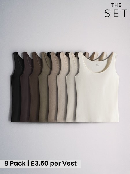 Neutral/Brown/Black/Ecru/Oat - The Set 8 Pack Scoop Neck Wide Strap Vests