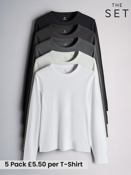 Grey/Black - The Set 5 Pack Ribbed Long Sleeve T-shirts