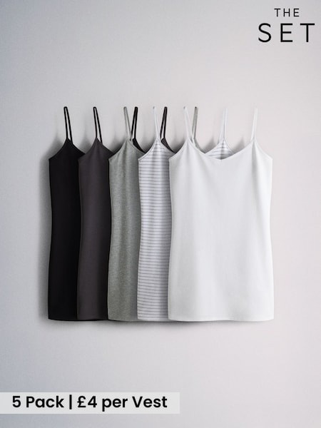 Black/Grey Marl/Stripe/White - The Set 5 Pack Longline Cami Vests