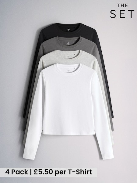 Grey/Black - The Set 4 Pack Long Sleeve Skinny Fit Cropped T-shirts
