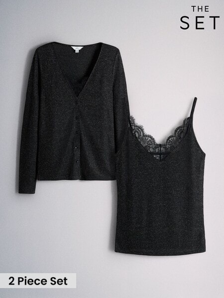 Black - The Set 2 Piece Lurex Sparkle Cardigan And Lace Vest Set