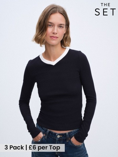 Burgundy/Cream/Navy - The Set 3 Pack High V-neck Rib Long Sleeve Tops