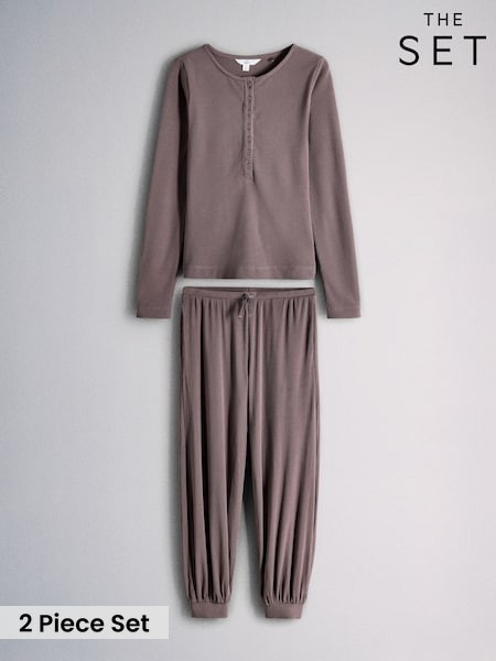Mauve Purple - The Set Soft Rib Henley Top And Balloon Pyjamas Set