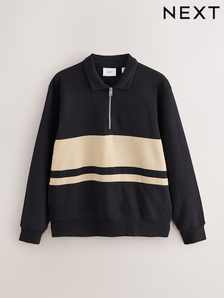 Black/Cream Block - Regular Soft Loopback Zip Neck Polo Sweatshirt