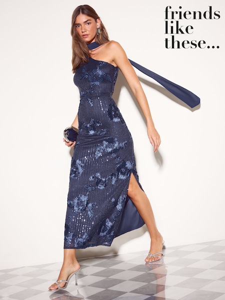 Navy - Friends Like These Cornelli Sequin Scarf Midi Dress