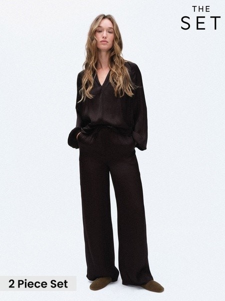 Brown - The Set Wide Leg Satin Co-ord Shirt & Trousers Set