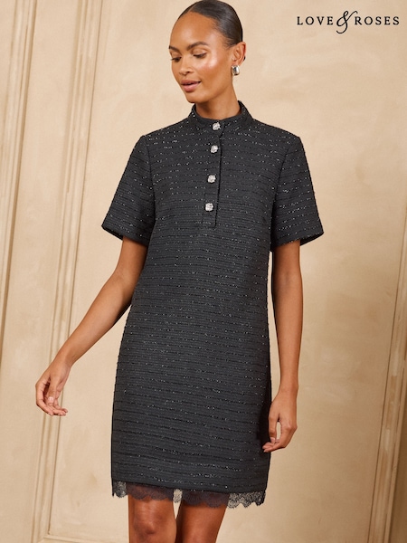 Black - Love & Roses Tailored Shimmer Boucle Lace Trim Short Sleeve Shift Dress