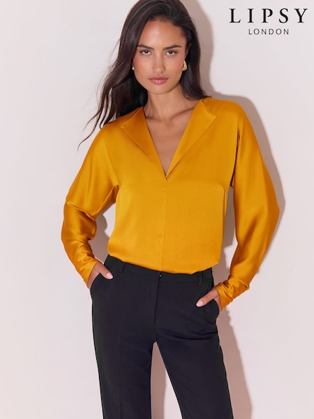 Ochre Yellow - Lipsy Satin Open Collar V-neck Batwing Blouse