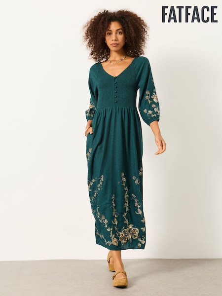 Teal Blue - Fatface Metallic Embroidered Midi Dress