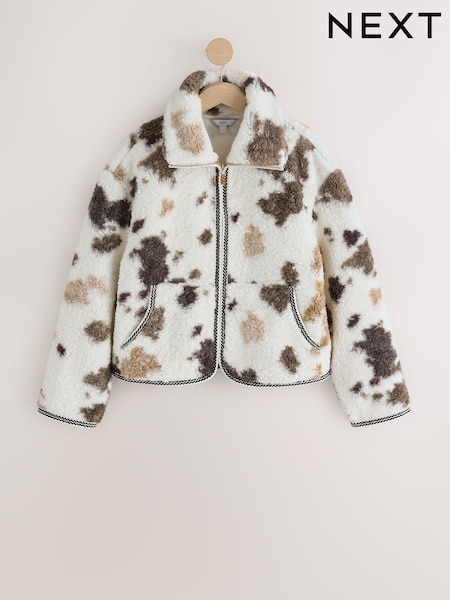Monochrome Cow Print - Sheepy Borg Zip Through Jacket