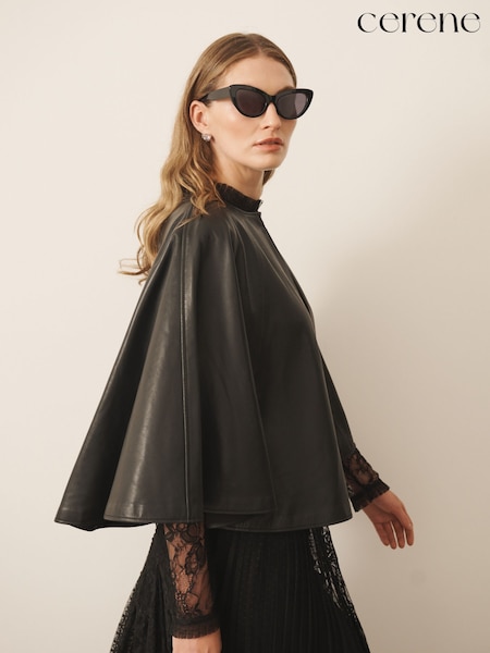 Black - Cerene Real Leather Cape Jacket