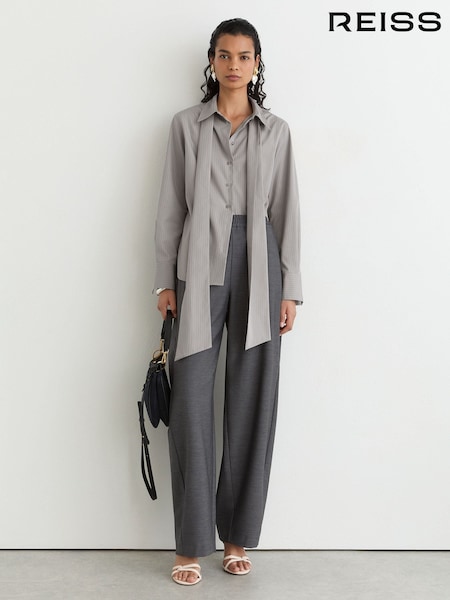 Grey - Reiss Elowen Cotton Striped Tie-neck Shirt