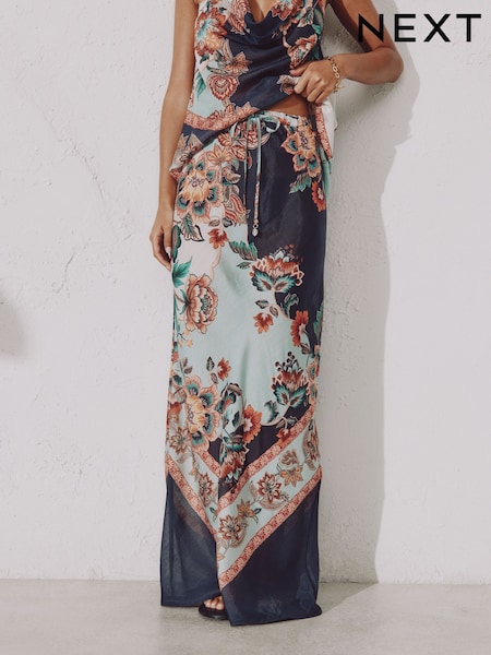 Navy Peach Floral - Collumn Skirt