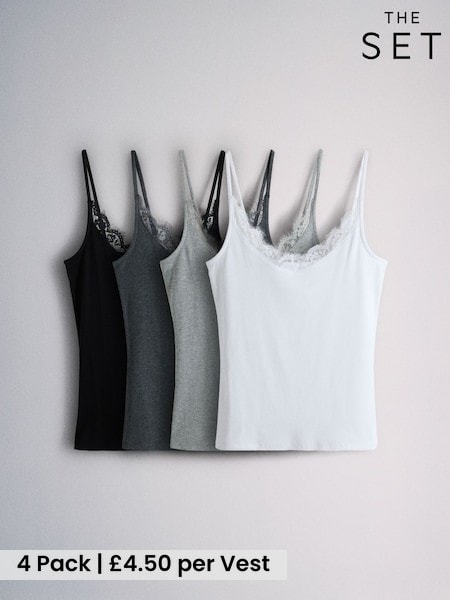 Grey/Charcoal/Black/White - The Set 4 Pack Ribbed Lace Trim Cami Vests