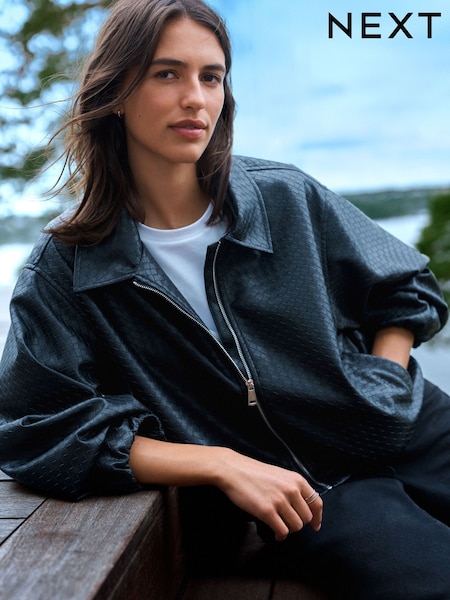 Black - Faux Leather Basketweave Bomber Jacket