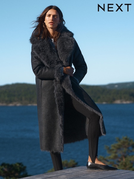Black/Charcoal Grey - Reversible Faux Leather & Faux Fur Longline Coat