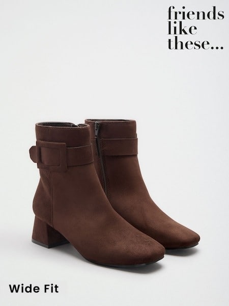 Chocolate Brown - Friends Like These Faux Suede Covered Buckle Mid Heel Ankle Boots