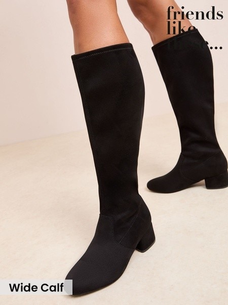Black - Friends Like These Extra Wide Calf Low Block Heel Stretch Long Knee High Sock Boots