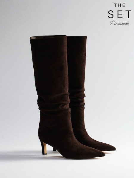 Chocolate Brown - The Set Suede Slouch Knee High Boots