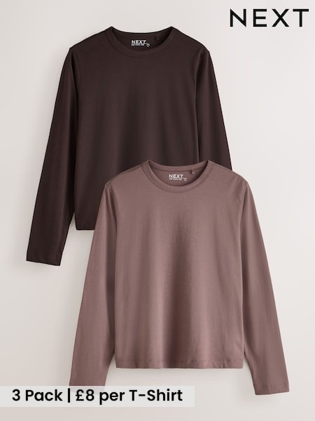 Cream/Mauve/Chocolate - Long Sleeve Crew Neck T-shirts 3 Pack