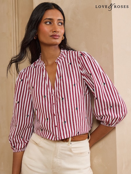 Burgundy Red - Love & Roses Stripe Bow Embroidered Long Sleeve Notch Neck Blouse