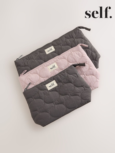 Grey/Baby Pink - Self. Quilted Travel Pouch 3 Pack