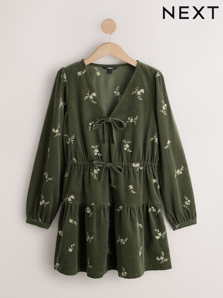 Khaki Green Embroidered Floral - Long Sleeve V-neck Tie Cord Mini Dress
