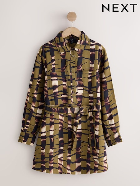 Khaki Green Animal Print - Long Sleeve Tie Waist Shirt Dress