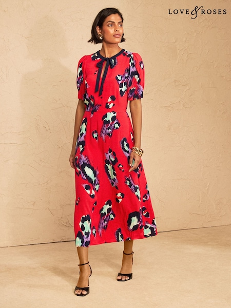 red animal print dress uk Red & Black Animal Print Keyhole Detail Midi Jersey Dress