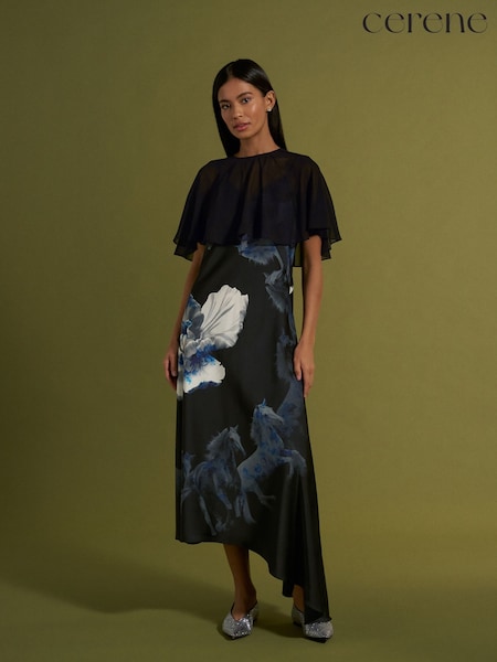 Black Elegance Floral Print - Cerene Satin Slip Dress With Detachable Sheer Cape