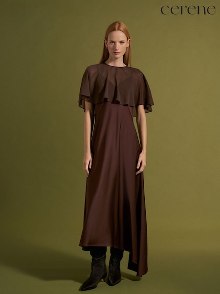 Brown - Cerene Satin Slip Dress With Detachable Sheer Cape