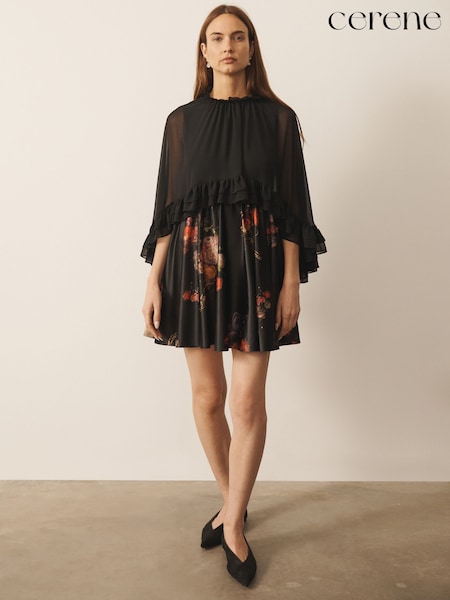Black Majestic Floral Print - Cerene Detachable Cape Mini Dress
