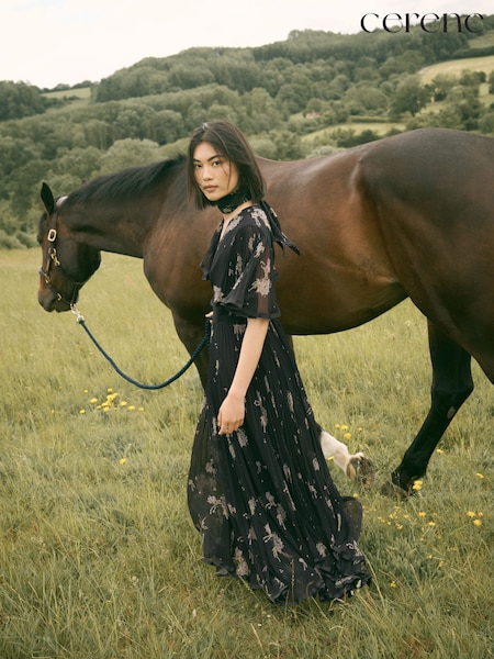 Black Precious Ditsy Print - Cerene Angel Sleeve Pleated Maxi Dress