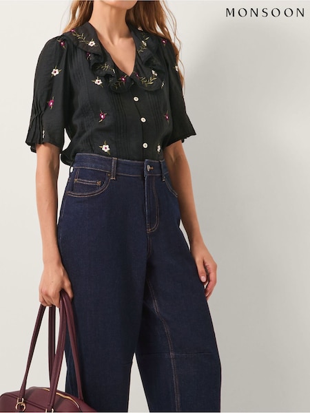 Monsoon Black Elsie Floral Embroidered Shirt (G47559) | £69
