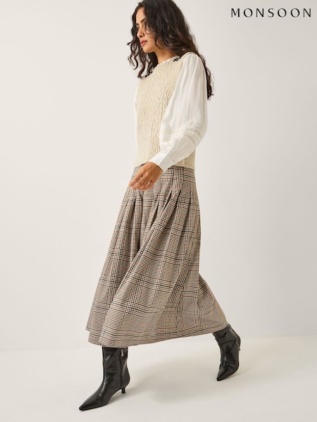Monsoon Cream Carmen Check Pleat Midi Skirt (G47563) | £69